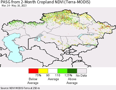 Kazakhstan PASG from 2-Month Cropland NDVI (Terra-MODIS) Thematic Map For 5/9/2023 - 5/16/2023