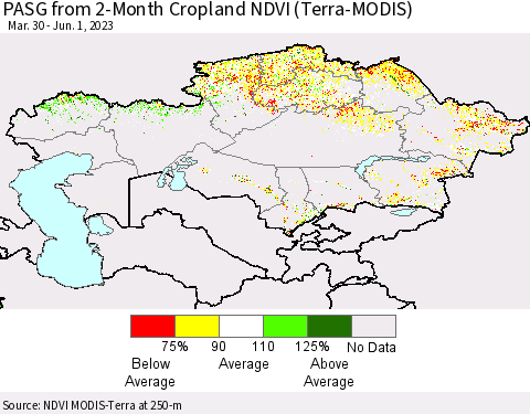 Kazakhstan PASG from 2-Month Cropland NDVI (Terra-MODIS) Thematic Map For 5/25/2023 - 6/1/2023
