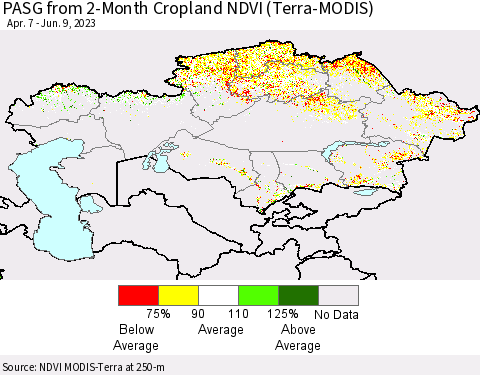 Kazakhstan PASG from 2-Month Cropland NDVI (Terra-MODIS) Thematic Map For 6/2/2023 - 6/9/2023