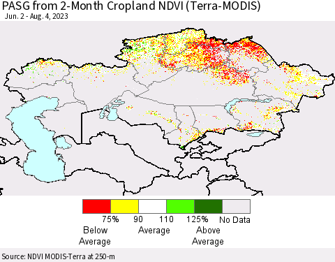 Kazakhstan PASG from 2-Month Cropland NDVI (Terra-MODIS) Thematic Map For 7/28/2023 - 8/4/2023