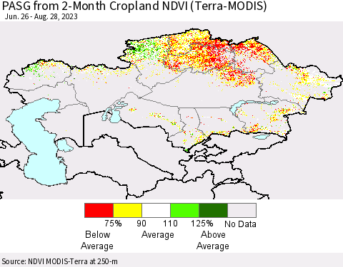 Kazakhstan PASG from 2-Month Cropland NDVI (Terra-MODIS) Thematic Map For 8/21/2023 - 8/28/2023