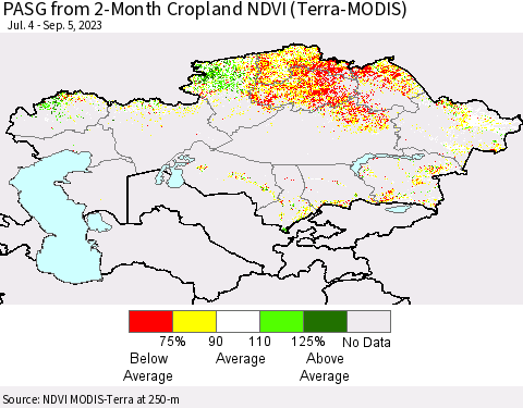 Kazakhstan PASG from 2-Month Cropland NDVI (Terra-MODIS) Thematic Map For 8/29/2023 - 9/5/2023