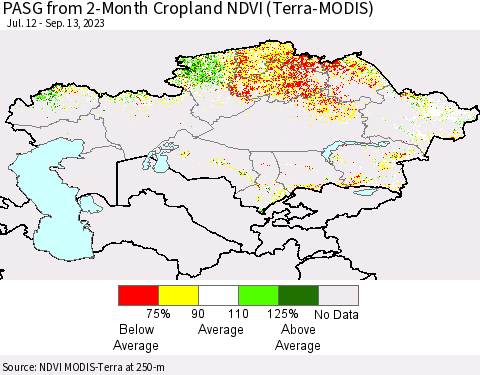 Kazakhstan PASG from 2-Month Cropland NDVI (Terra-MODIS) Thematic Map For 9/6/2023 - 9/13/2023