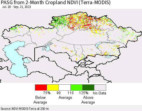 Kazakhstan PASG from 2-Month Cropland NDVI (Terra-MODIS) Thematic Map For 9/14/2023 - 9/21/2023