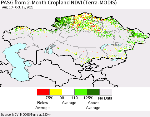 Kazakhstan PASG from 2-Month Cropland NDVI (Terra-MODIS) Thematic Map For 10/8/2023 - 10/15/2023