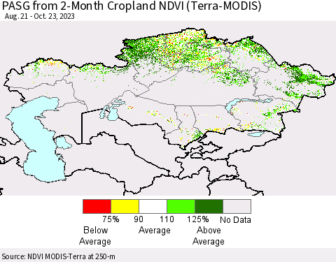 Kazakhstan PASG from 2-Month Cropland NDVI (Terra-MODIS) Thematic Map For 10/16/2023 - 10/23/2023