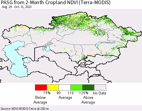 Kazakhstan PASG from 2-Month Cropland NDVI (Terra-MODIS) Thematic Map For 10/24/2023 - 10/31/2023