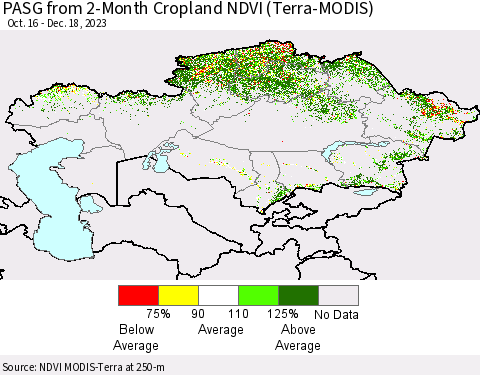 Kazakhstan PASG from 2-Month Cropland NDVI (Terra-MODIS) Thematic Map For 12/11/2023 - 12/18/2023