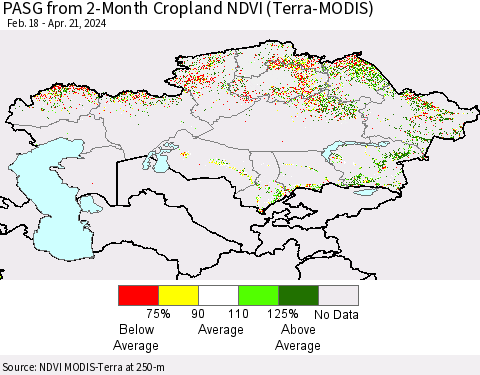 Kazakhstan PASG from 2-Month Cropland NDVI (Terra-MODIS) Thematic Map For 4/14/2024 - 4/21/2024