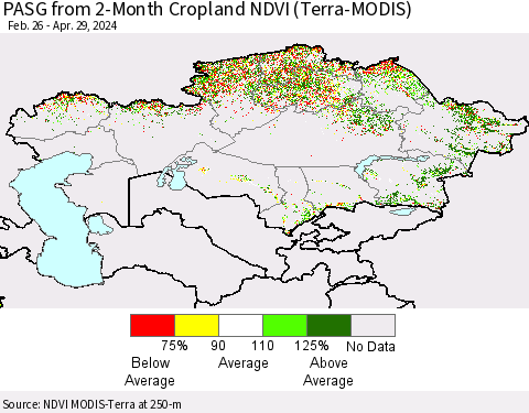 Kazakhstan PASG from 2-Month Cropland NDVI (Terra-MODIS) Thematic Map For 4/22/2024 - 4/29/2024