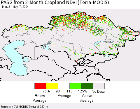 Kazakhstan PASG from 2-Month Cropland NDVI (Terra-MODIS) Thematic Map For 4/30/2024 - 5/7/2024