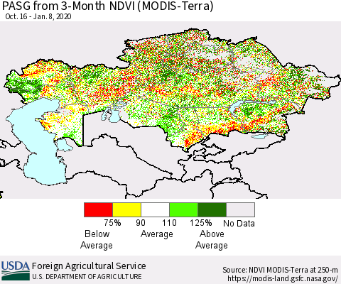 Kazakhstan PASG from 3-Month NDVI (Terra-MODIS) Thematic Map For 1/1/2020 - 1/10/2020