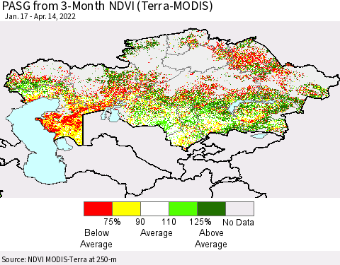Kazakhstan PASG from 3-Month NDVI (Terra-MODIS) Thematic Map For 4/7/2022 - 4/14/2022