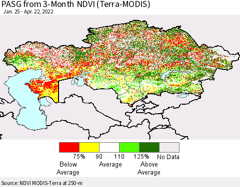 Kazakhstan PASG from 3-Month NDVI (Terra-MODIS) Thematic Map For 4/15/2022 - 4/22/2022