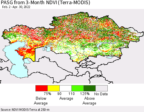 Kazakhstan PASG from 3-Month NDVI (Terra-MODIS) Thematic Map For 4/23/2022 - 4/30/2022