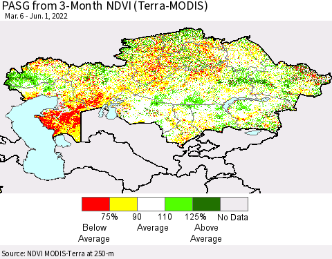 Kazakhstan PASG from 3-Month NDVI (Terra-MODIS) Thematic Map For 5/25/2022 - 6/1/2022