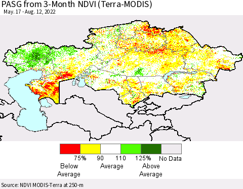 Kazakhstan PASG from 3-Month NDVI (Terra-MODIS) Thematic Map For 8/5/2022 - 8/12/2022