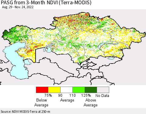 Kazakhstan PASG from 3-Month NDVI (Terra-MODIS) Thematic Map For 11/17/2022 - 11/24/2022