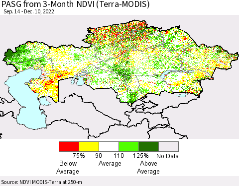 Kazakhstan PASG from 3-Month NDVI (Terra-MODIS) Thematic Map For 12/3/2022 - 12/10/2022