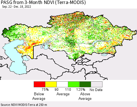 Kazakhstan PASG from 3-Month NDVI (Terra-MODIS) Thematic Map For 12/11/2022 - 12/18/2022