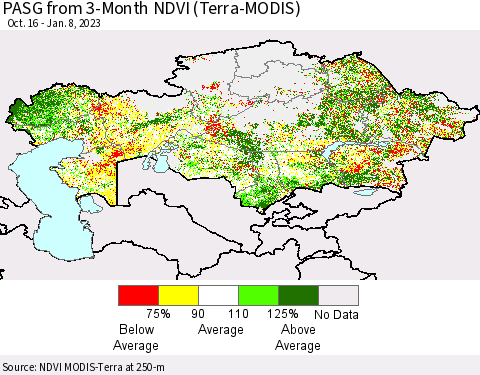 Kazakhstan PASG from 3-Month NDVI (Terra-MODIS) Thematic Map For 1/1/2023 - 1/8/2023