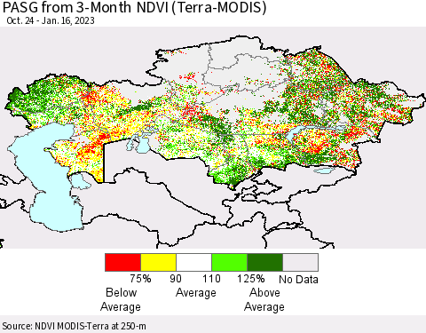 Kazakhstan PASG from 3-Month NDVI (Terra-MODIS) Thematic Map For 1/9/2023 - 1/16/2023