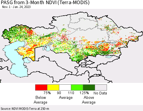 Kazakhstan PASG from 3-Month NDVI (Terra-MODIS) Thematic Map For 1/17/2023 - 1/24/2023