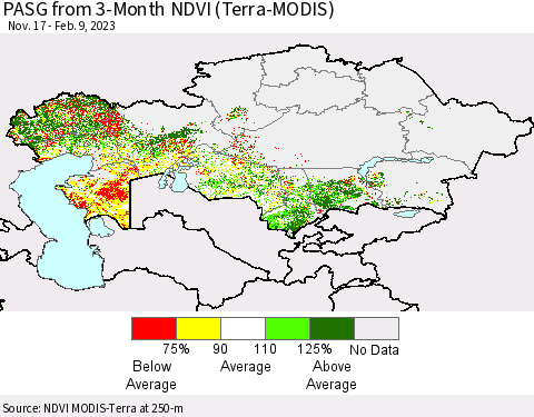 Kazakhstan PASG from 3-Month NDVI (Terra-MODIS) Thematic Map For 2/2/2023 - 2/9/2023