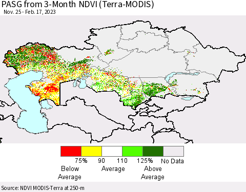 Kazakhstan PASG from 3-Month NDVI (Terra-MODIS) Thematic Map For 2/10/2023 - 2/17/2023