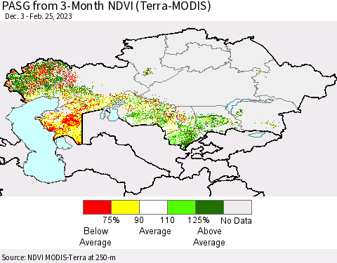 Kazakhstan PASG from 3-Month NDVI (Terra-MODIS) Thematic Map For 2/18/2023 - 2/25/2023