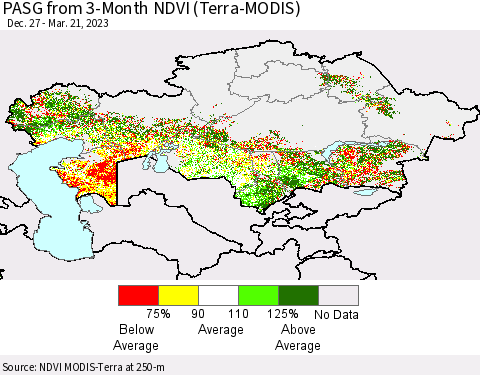 Kazakhstan PASG from 3-Month NDVI (Terra-MODIS) Thematic Map For 3/14/2023 - 3/21/2023