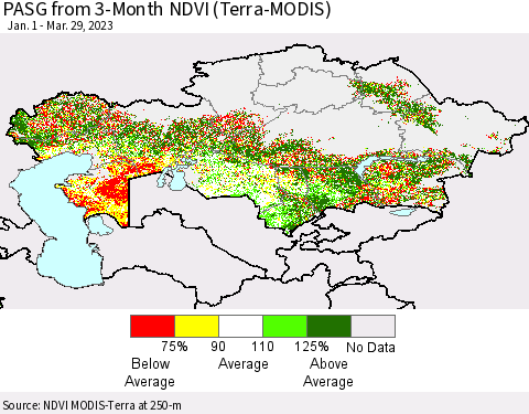 Kazakhstan PASG from 3-Month NDVI (Terra-MODIS) Thematic Map For 3/22/2023 - 3/29/2023