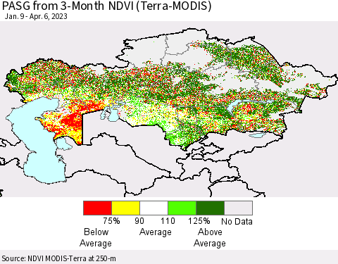 Kazakhstan PASG from 3-Month NDVI (Terra-MODIS) Thematic Map For 3/30/2023 - 4/6/2023