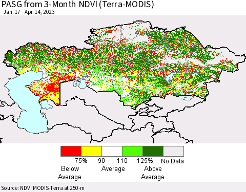 Kazakhstan PASG from 3-Month NDVI (Terra-MODIS) Thematic Map For 4/7/2023 - 4/14/2023