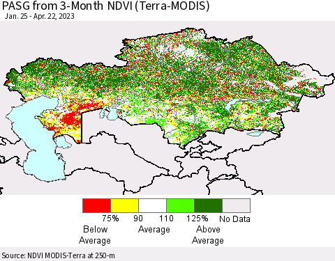 Kazakhstan PASG from 3-Month NDVI (Terra-MODIS) Thematic Map For 4/15/2023 - 4/22/2023