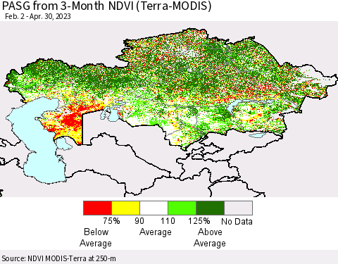 Kazakhstan PASG from 3-Month NDVI (Terra-MODIS) Thematic Map For 4/23/2023 - 4/30/2023