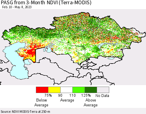 Kazakhstan PASG from 3-Month NDVI (Terra-MODIS) Thematic Map For 5/1/2023 - 5/8/2023