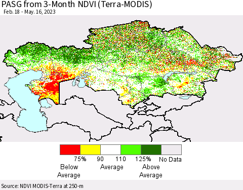 Kazakhstan PASG from 3-Month NDVI (Terra-MODIS) Thematic Map For 5/9/2023 - 5/16/2023