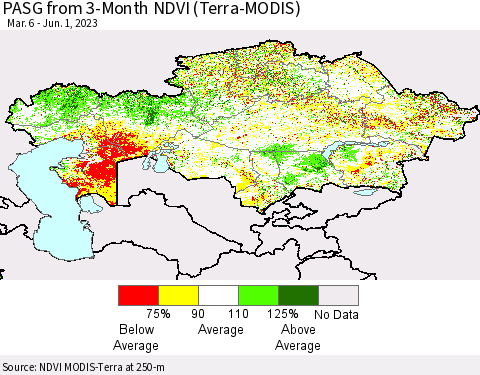 Kazakhstan PASG from 3-Month NDVI (Terra-MODIS) Thematic Map For 5/25/2023 - 6/1/2023