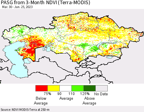 Kazakhstan PASG from 3-Month NDVI (Terra-MODIS) Thematic Map For 6/18/2023 - 6/25/2023