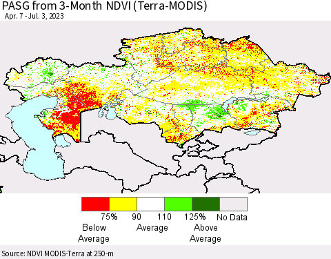 Kazakhstan PASG from 3-Month NDVI (Terra-MODIS) Thematic Map For 6/26/2023 - 7/3/2023