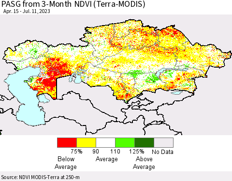 Kazakhstan PASG from 3-Month NDVI (Terra-MODIS) Thematic Map For 7/4/2023 - 7/11/2023