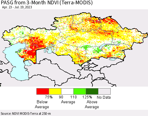 Kazakhstan PASG from 3-Month NDVI (Terra-MODIS) Thematic Map For 7/12/2023 - 7/19/2023