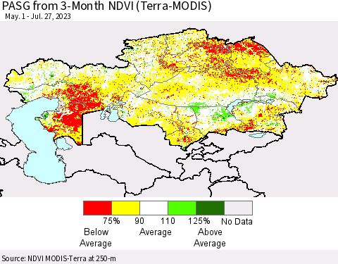 Kazakhstan PASG from 3-Month NDVI (Terra-MODIS) Thematic Map For 7/20/2023 - 7/27/2023