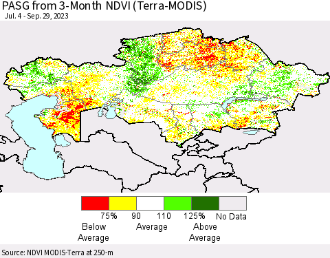 Kazakhstan PASG from 3-Month NDVI (Terra-MODIS) Thematic Map For 9/22/2023 - 9/29/2023