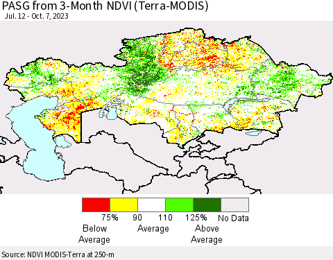 Kazakhstan PASG from 3-Month NDVI (Terra-MODIS) Thematic Map For 9/30/2023 - 10/7/2023