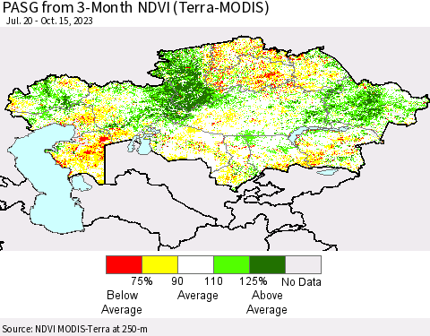 Kazakhstan PASG from 3-Month NDVI (Terra-MODIS) Thematic Map For 10/8/2023 - 10/15/2023