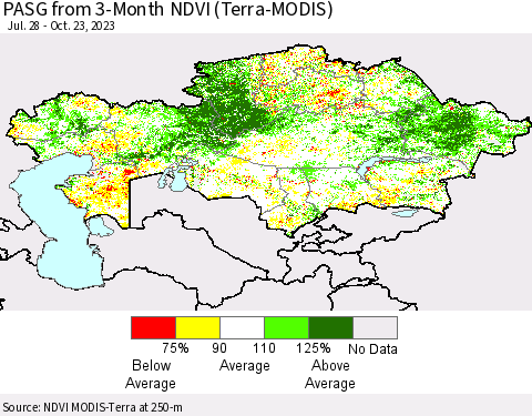 Kazakhstan PASG from 3-Month NDVI (Terra-MODIS) Thematic Map For 10/16/2023 - 10/23/2023