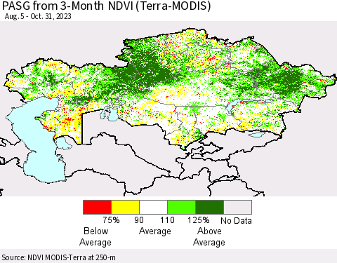 Kazakhstan PASG from 3-Month NDVI (Terra-MODIS) Thematic Map For 10/24/2023 - 10/31/2023