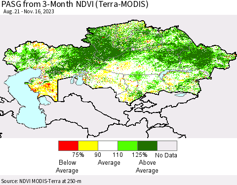 Kazakhstan PASG from 3-Month NDVI (Terra-MODIS) Thematic Map For 11/9/2023 - 11/16/2023
